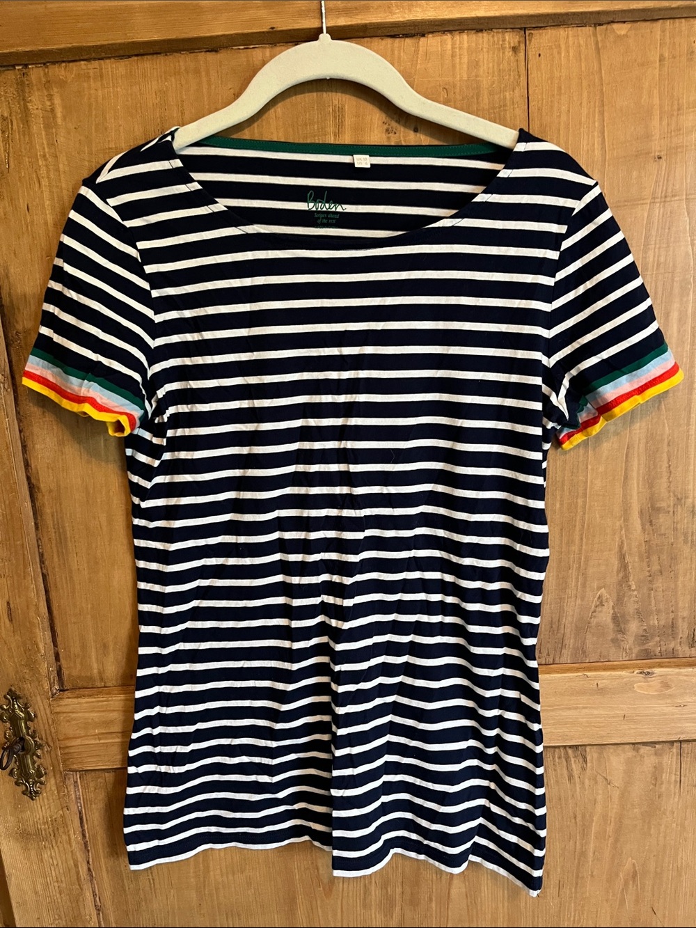 Boden Navy & White Striped Short Sleeve Tee with Rainbow Sleeve Trim